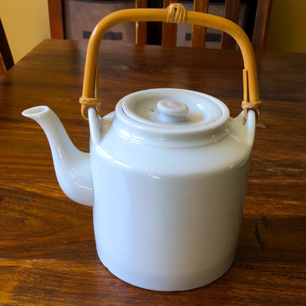Vintage White Japanese Style Teapot w/ Bamboo Handle by Taylor & Ng (c) 1971